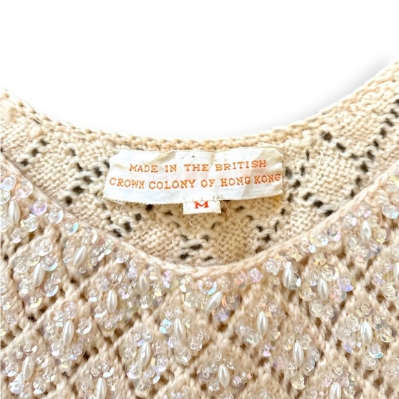 Vintage 60s Sequins Top Beige Lambswool Beaded Fringe Size M - Picture 2 of 5